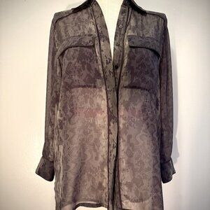 ALL SAINTS SHIRT, SHEER OLIVE GREEN WITH BLACK PRINT, SIZE 4